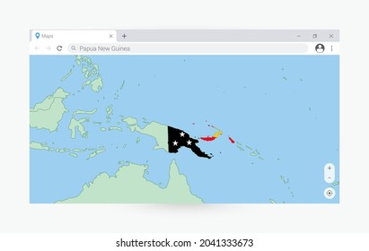 Browser window with map of Papua New Guinea, searching  Papua New Guinea in internet. Modern browser window template.
