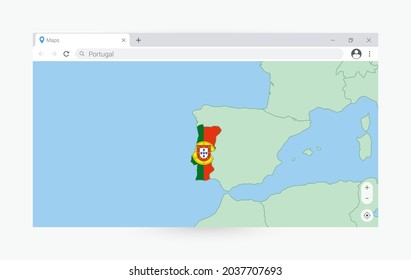 Browser window with map of Portugal, searching  Portugal in internet. Modern browser window template.