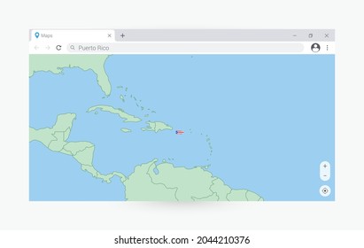 Browser window with map of Puerto Rico, searching  Puerto Rico in internet. Modern browser window template.