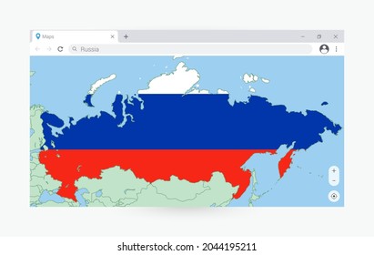 Browser window with map of Russia, searching  Russia in internet. Modern browser window template.