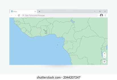 Browser window with map of Sao Tome and Principe, searching  Sao Tome and Principe in internet. Modern browser window template.