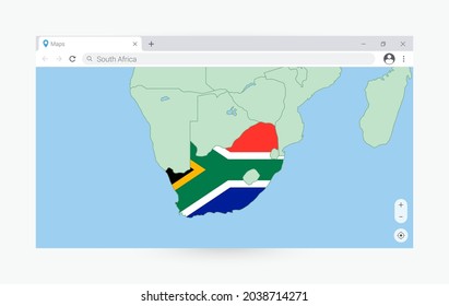 Ventana de navegador con mapa de Sudáfrica, buscando en Sudáfrica en internet. Plantilla moderna de la ventana del explorador.