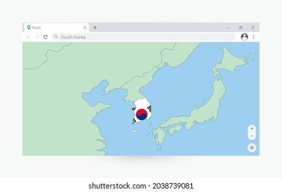 Browser window with map of South Korea, searching  South Korea in internet. Modern browser window template.