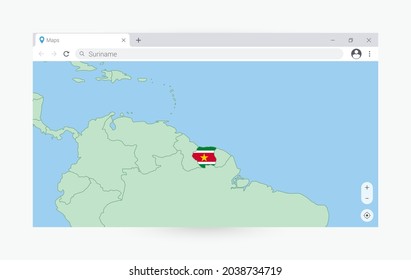Browser window with map of Suriname, searching  Suriname in internet. Modern browser window template.