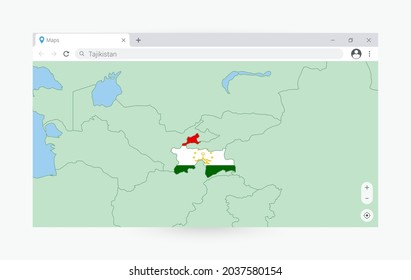 Browser window with map of Tajikistan, searching  Tajikistan in internet. Modern browser window template.