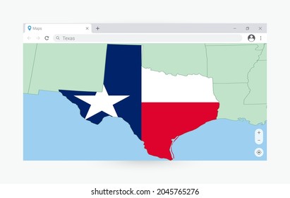 Browser window with map of Texas, searching  Texas in internet. Modern browser window template.