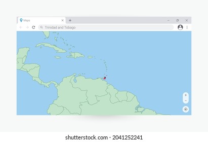 Ventana de navegador con mapa de Trinidad y Tobago, buscando en Trinidad y Tobago en internet. Plantilla moderna de la ventana del explorador.