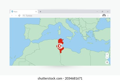 Ventana del navegador con mapa de Túnez, buscando en Túnez en internet. Plantilla moderna de la ventana del explorador.