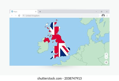 Browser window with map of United Kingdom, searching  United Kingdom in internet. Modern browser window template.