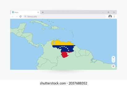 Ventana de navegador con mapa de Venezuela, buscando a Venezuela en internet. Plantilla moderna de la ventana del explorador.