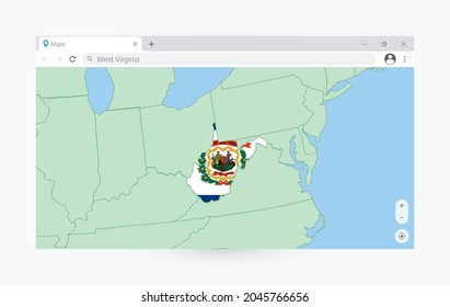 Browser window with map of West Virginia, searching  West Virginia in internet. Modern browser window template.