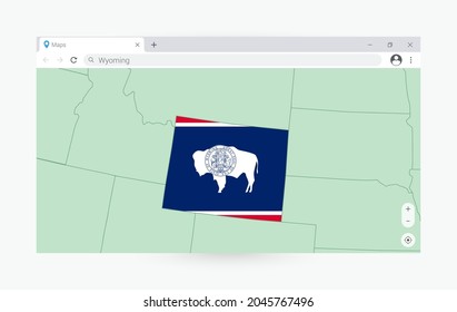 Ventana del navegador con el mapa de Wyoming, buscando en Wyoming por internet. Plantilla moderna de la ventana del explorador.