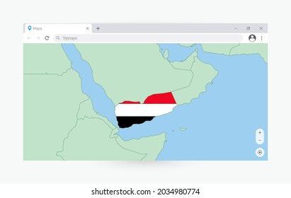 Browser window with map of Yemen, searching  Yemen in internet. Modern browser window template.
