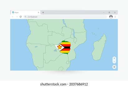 Ventana del navegador con mapa de Zimbabue, buscando en Zimbabue en internet. Plantilla moderna de la ventana del explorador.