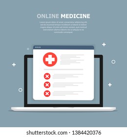 The browser window of a medical card with red markings is shown in a blue background. White text. Screen computer.