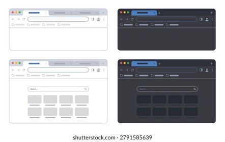 browser window mockup. web browser Light and dark theme.web tab, toolbar and search. search bar. Search in internet Template.
