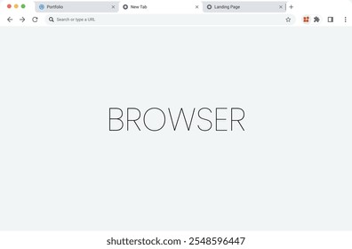 A browser window with multiple tabs open. Website layout with search bar, toolbar and buttons.  Web browser with Tabs mockup. Empty tab window of browser app. 