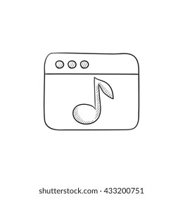 Browser window with music note vector sketch icon isolated on background. Hand drawn Browser window with music note icon. Browser window with music note sketch icon for infographic, website or app.