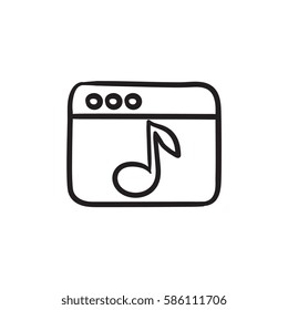 Browser window with music note vector sketch icon isolated on background. Hand drawn Browser window with music note icon. Browser window with music note sketch icon for infographic, website or app.
