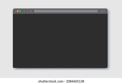 Browser window in night mode theme. Window internet browser concept in flat and dark style. Template design of computer or internet frame. Blank screen web site mockup. Vector illustration
