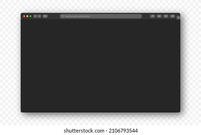 Browser window on transparent background. Empty web page, browser window mockup with toolbar. Browser window in dark mode. Vector