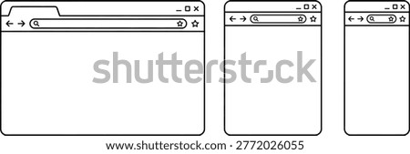 Browser, window, outline, desktop, tablet, mobile, responsive, web, interface, design, layout, mockup, screen, frame, application, internet, site, template, illustration
