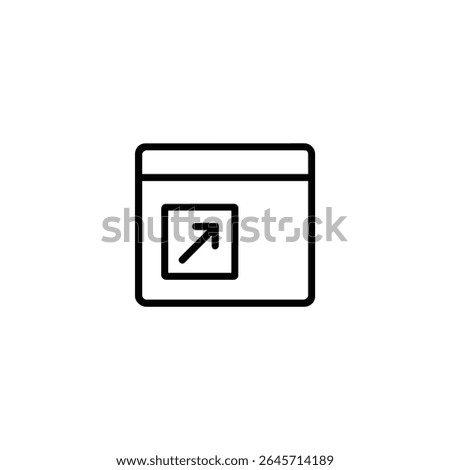 Browser window outline with an internal square and an arrow pointing up-right, for 'open in browser'. 1.5px monoline strokes, flat 2D vector.