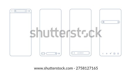 Browser window outline set for mobile phone. Browser screen mockup with navigation line icons Screen frame with arrow and menu icons and search, vector illustration.