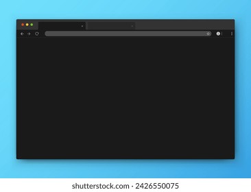 Browser window. Realistic black empty browser window with toolbar, search bar and shadow on a blue background. Vector illustration.