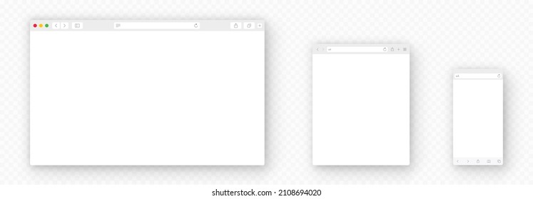 Ventana Navegador. Ventana de explorador en blanco realista con barra de herramientas y sombra. PC, tablet, laptop, computadora y smartphone sitios web vacíos - vector stock.