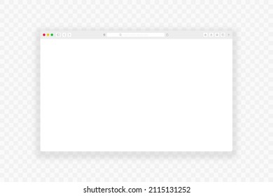 Browser window. Realistic empty web page with toolbar, search and shadow. Browser window mockup on transparent background. Vector illustration.