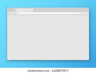Ventana Navegador. Ventana de navegador gris realista vacía con barra de herramientas, barra de búsqueda y sombra en un fondo azul. Ilustración vectorial.