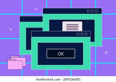 Browser window retro. Error on the old computer interface. Retrowave, pop-up modals. Warning about violation of software installation process. User interface, browser and desktop. Vector illustration.