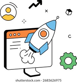 Browser Window with Rocket in a clean flat vector style. Conveys startup launch and business growth illustration. Optimized for web, apps, slides, and marketing assets.