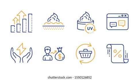 Browser window, Safe energy and Analysis graph line icons set. Sallary, Uv protection and Refresh cart signs. Skin care, Loan percent symbols. Website chat, Thunderbolt. Business set. Vector