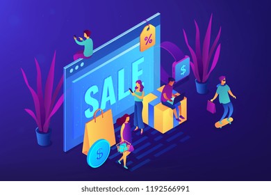 Browser window with sale and buyers with gadgets shopping online. Online sales pro, online coupon and special offer, cash back and discount concept. Ultraviolet neon vector isometric 3D illustration.