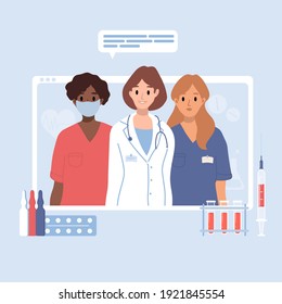 Browser window or screen with female therapist, hospital staff team. Video call in messenger, online consultation. Banner template. Choose, ask doctor. Medical advise, chat service, telemedicine
