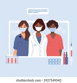 Browser window or screen with female therapist, hospital staff team. Video call in messenger, online consultation. Banner template. Choose, ask doctor. Medical advise, chat service, telemedicine