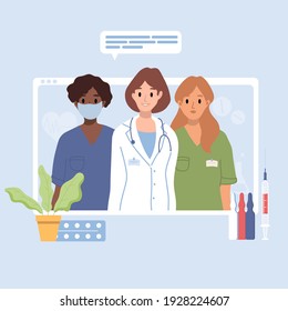 Browser window or screen with female therapist, hospital staff team. Video call in messenger, online consultation. Banner template. Choose, ask doctor. Medical advise, chat service, telemedicine