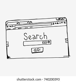 Browser window with search bar and Go button. Hand drawn vector stock illustration. Black and white drawing