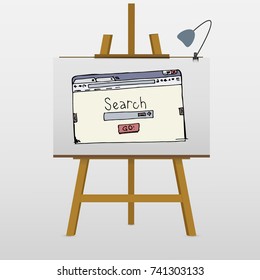 Browser window with search bar. Hand drawn vector stock illustration on easel
