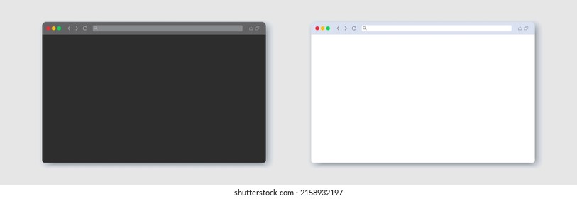 Ventana del navegador configurada en el tema de modo de luz y noche. El concepto del navegador de Internet de ventanas en blanco y negro plano. Diseño de plantilla de ordenador o de marco de Internet. Modelación en la página web de pantalla en blanco. Vector