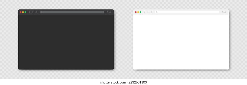 Browser window set in night and light mode theme on transparent background. Window internet browser concept in flat dark and white style. Blank screen website mockup. Vector illustration