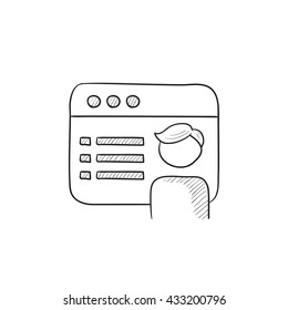 Browser window with social network internet page vector sketch icon isolated on background. Hand drawn Browser window icon. Browser window sketch icon for infographic, website or app.