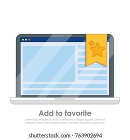 Browser window with star. Add to favorite sign on laptop. Vector flat illustration