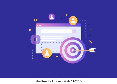 Browser window and target icon with arrow on blue background. Shot directly into the center at the target. Concept of winning an online competition, achieving a goal in business. Vector illustration.