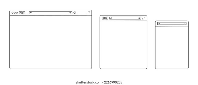 Plantilla de ventana del navegador en diseño de línea. Página web en blanco con barra de herramientas y búsqueda. Ventana web para PC, tablet, laptop y smartphone. Sondeos de navegador o aplicación. Vector.