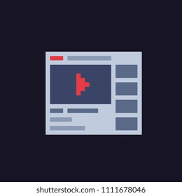 Browser Window With Video Player Web Site Mock Up, Youtube. Media Player Template. Video Player Interface Pixel Art Icon. Isolated Vector Illustration. 8-bit. Design Stickers, Logo, App.