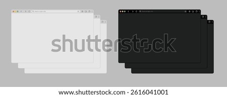 Browser window website mockup template with frames for PC, laptop, tablet, and mobile. Includes Light and Dark modes for UI and web design presentations. Vector illustration.