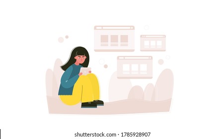 Browser windows abstract banner. Asian girl sitting and holds a tablet in her hands. Modern flat vector eps. Isolated illustration, life with gadgets and internet scene, mobile application element.
